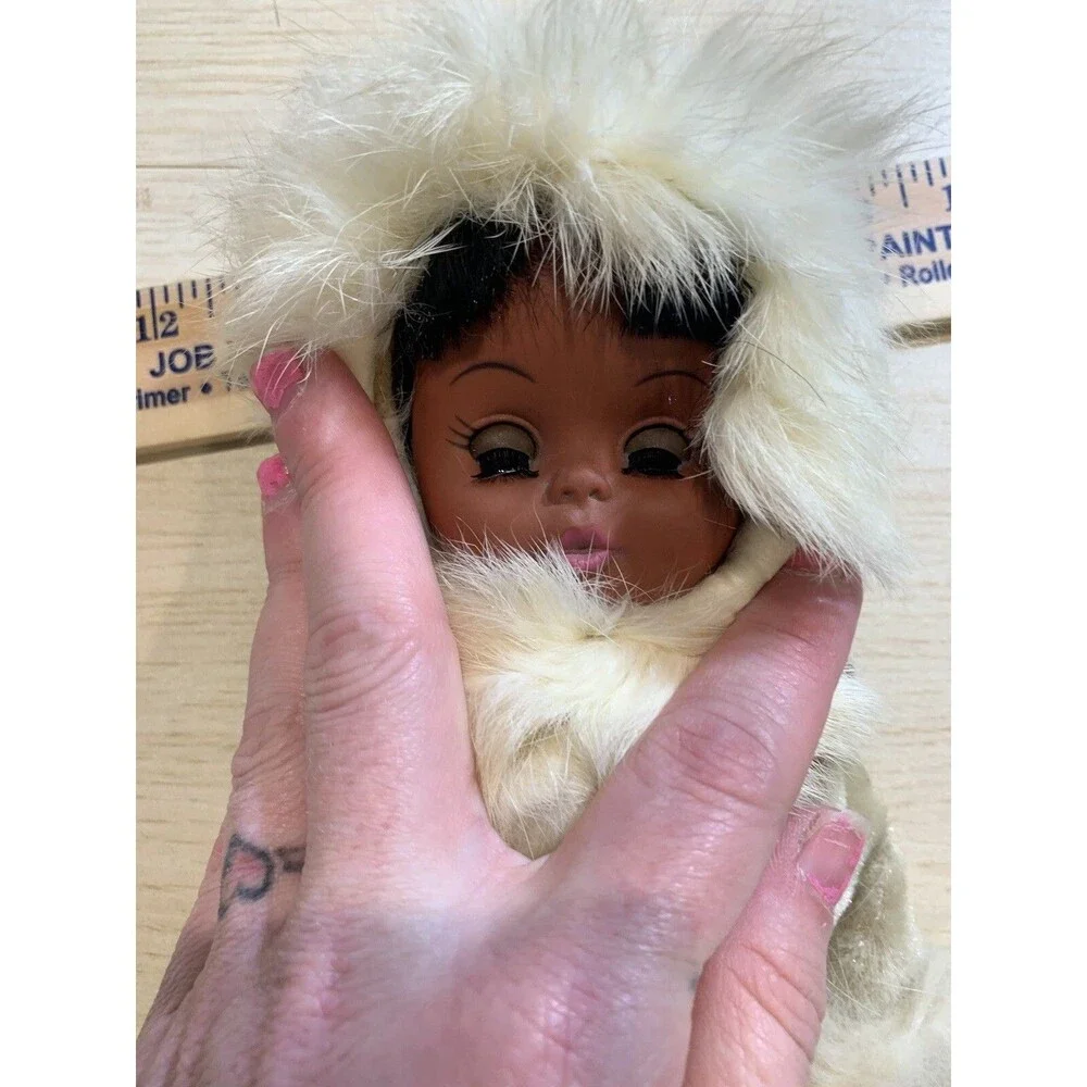 Vintage Eskimo Doll With Blinking eyes, real fur, leather necklace, No tags